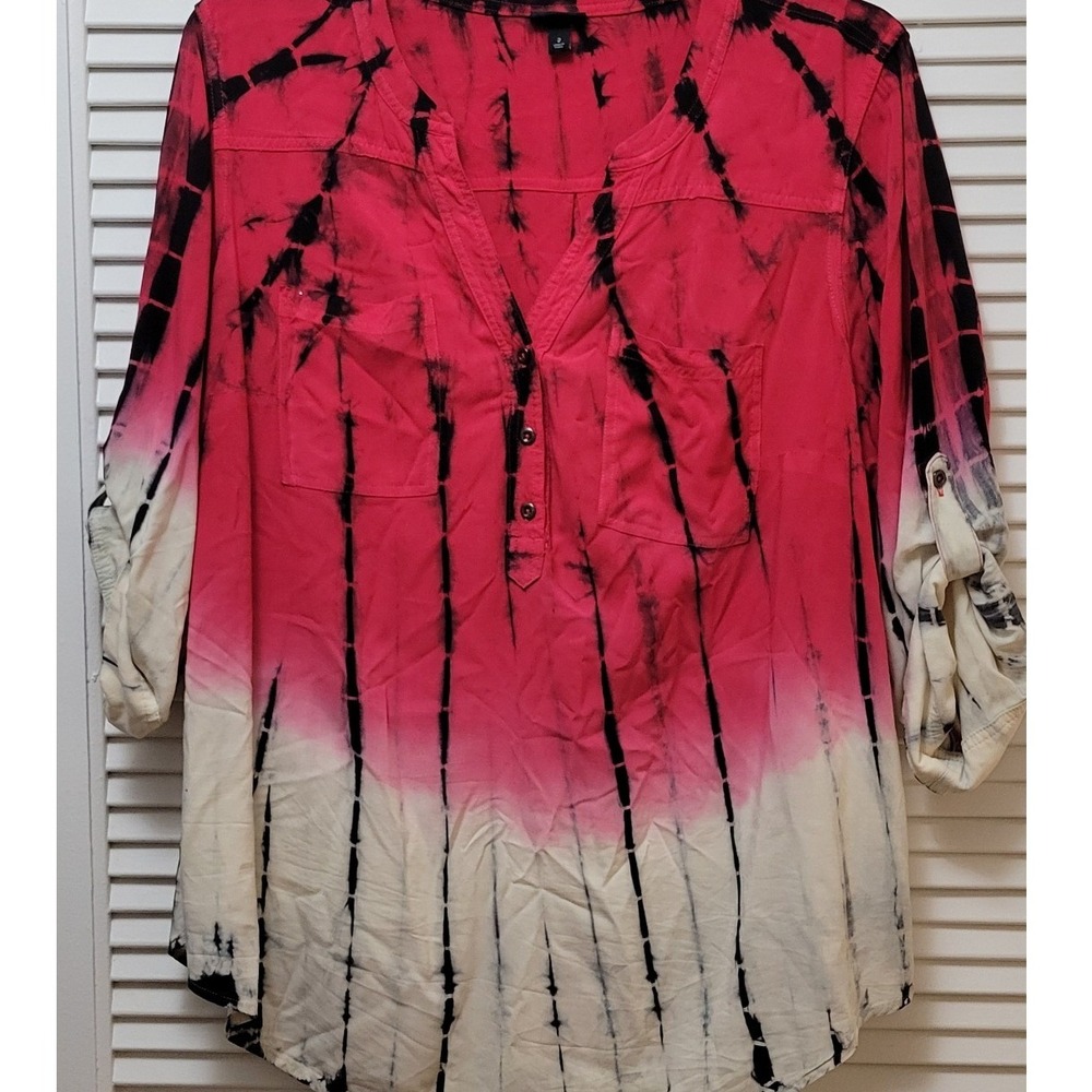 Y2K Hippie Tie Dye Blouse Womens 2 Red White  Ombre Roll Tab Torrid size 2 - Picture 2 of 9